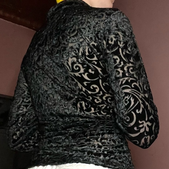 Jennifer Moore Sheer Lace and Velvet Romantic Goth Button Down Black Blouse Top - Picture 3 of 5